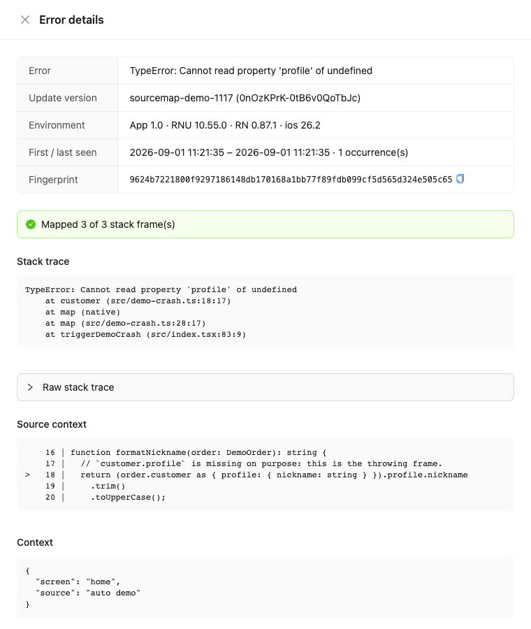 Error details with a symbolicated stack trace