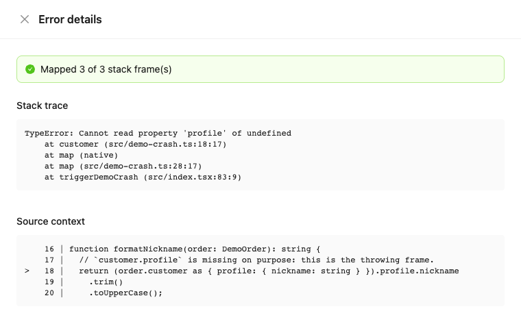 Cresc error details with the stack trace restored to original source lines and the surrounding source context